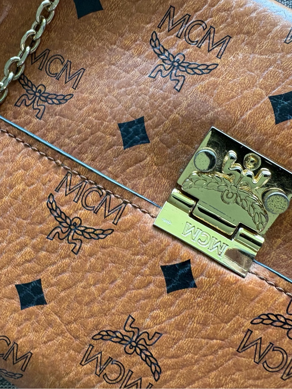 MCM Cognac Visetos Leather Shoulder Bag with Gold Chain - Picture 5 of 15